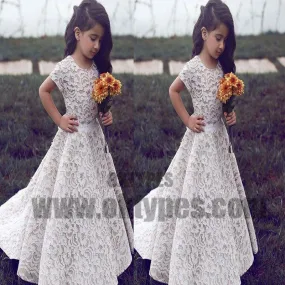 A-Line Round Neck Short Sleeves Sweep Train Ivory Lace Flower Girl Dresses, TYP0719