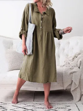 Autumn Cotton and Linen Lapel Loose Dress