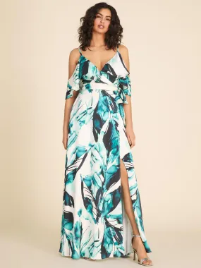 Cold-Shoulder Floral Printed Satin Gown