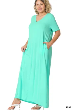 Curvy V Neck Short Sleeve Maxi Dress With Side Pocket