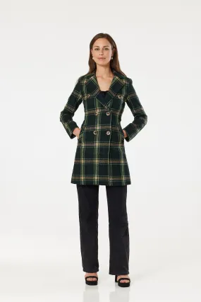 Woollen Green Check(Tartan) Knee Legnth Davia Coat